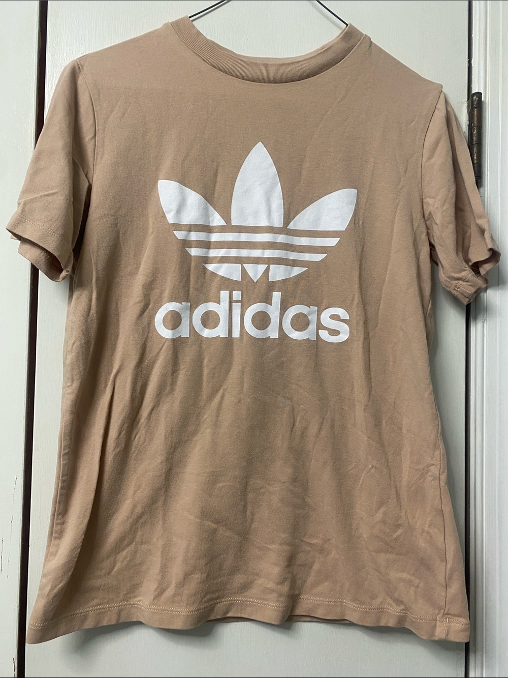 adidas women’s Beige Short Sleeve Tee with White Trefoil Logo - Picture 3 of 4